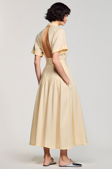 High Neck A Line Apricot Backless Long Work Dress With Belt